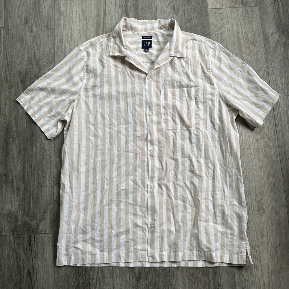 GAP Standard Fit Stretch Shirt Size L Beige White Stripe NWT